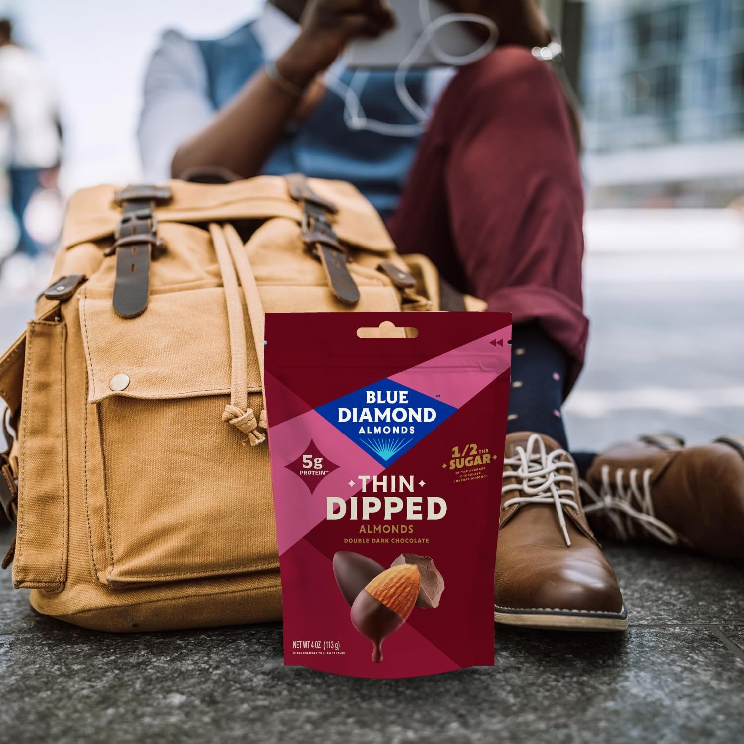 Blue Diamond Almonds, Dark Chocolate Covered Thin Dipped Snack Nuts for Guilt-Free Snacking with Half the Sugar, Perfect for Gathering, Holidays, or Craving a Sweet Treat, 4oz. Resealable Bag - Image 2