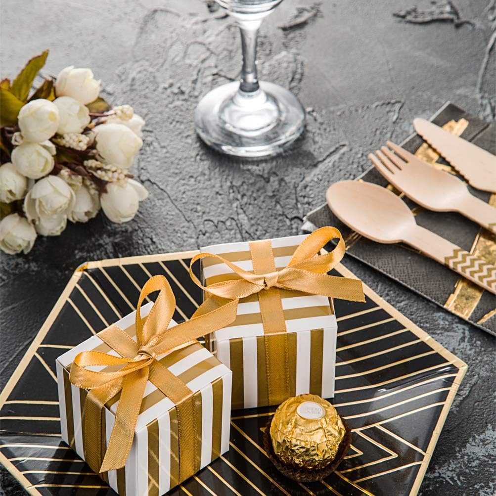AWELL Small Candy Box Bulk 2x2x2 inch with Ribbon, Gold White Strips Box Party Favors Pack of 50 - Image 3