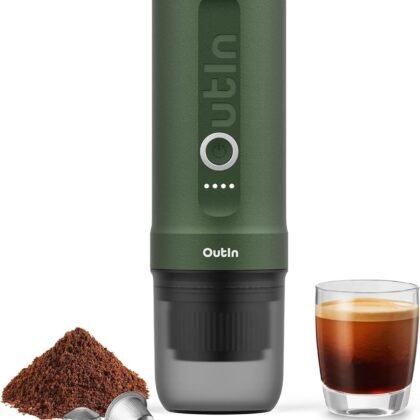 OutIn Nano Portable Electric Espresso Machine, Travel Coffee Maker for Camping, Car Coffee Maker Self-Heating with USB-C, With Ground Coffee & NS Capsule for RV, Hiking, Office