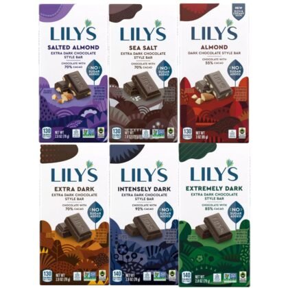 Lily’s Dark Chocolate Lovers Variety Pack – 6 Pack (Dark Almond, Etra Dark 70%, Dark 70% Sea Salt, Salted Almond, 85%, Intensely Dark 92%)
