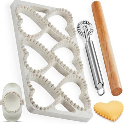 Ravioli Maker Press, Ravioli Press Mold Set - Heart Ravioli Stamp Maker Cutter with Wood Rolling Pin, 2.6" Empanada Maker Press Kit and Ravioli Wheel, Makes 6 Ravioli