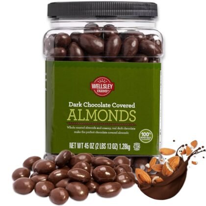 Wellsley Farms Dark Chocolate Covered Almonds – 2lbs 13oz | Whole Roasted Almonds with Real Creamy Dark Chocolate | Kosher, Gluten-Free Snack
