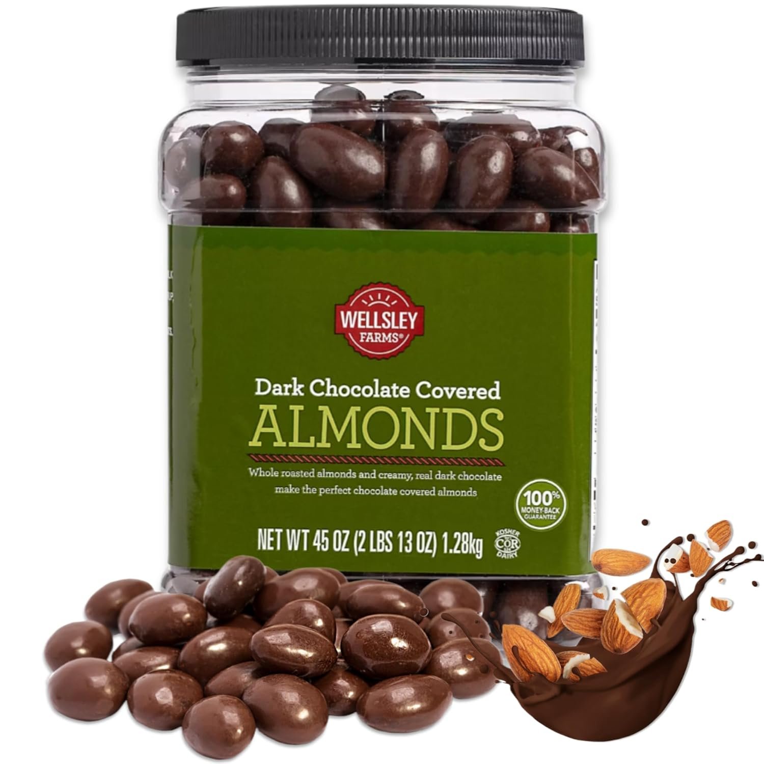 Wellsley Farms Dark Chocolate Covered Almonds – 2lbs 13oz | Whole Roasted Almonds with Real Creamy Dark Chocolate | Kosher, Gluten-Free Snack