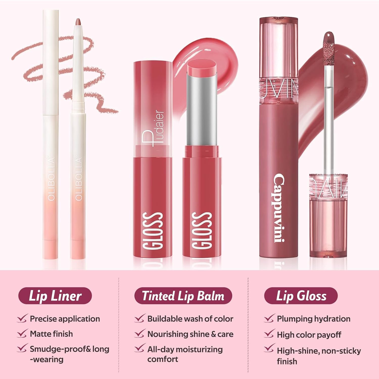 3PCS Lip Combo Set - Matte Lip Liner Pencil + Hydrating Tinted Lip Balm + Juicy Lip Gloss Tint, Non-Sticky, Long-Lasting, High Pigment Lip Makeup Kit (Sweet Fig Set) - Image 3