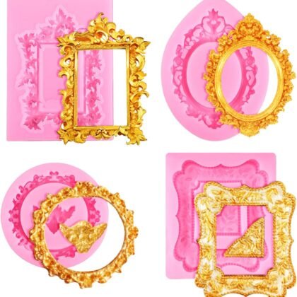 4 Pcs Photo Frame Silicone Molds, Baroque Style Air Dry Clay Molds, Mini Frame Molds Silicone for Cupcake Topper Cake Decoration Chocolate Candy Polymer Clay