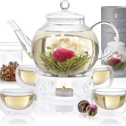 Teabloom Complete Glass Tea Set – Teapot (40 oz), Loose Tea Infuser, 4 Insulated Teacups, Tea Warmer with Candlelight, and 12 Flowering Teas – Elegant Blooming Tea Gift Set