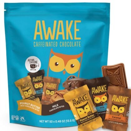 AWAKE - Caffeinated Chocolate Bites - 50mg Caffeine - Variety Pack (3 Flavors), 50 Bites - Peanut Butter, Milk, & Caramel - Energy Bites - Coffee Alternative - Fairtrade, Gluten Free, Non GMO - 0.48oz
