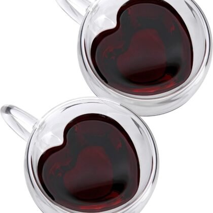 CNGLASS Valentines Day Gifts,Double Wall Heart Shaped Glass Coffee Mugs 5oz(Set of 2),Insulated Clear Tea Cups with Handle,Unique Glass Espresso Mugs for Coffee,Cappuccino,Latte,Milk