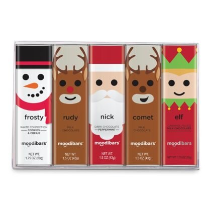 MoodiBars by Astor Chocolate, Christmas Chocolate Variety Gift Pack 5 Bars, Individually Wrapped Milk, Dark, White, Peppermint, Caramel, Cookies & Cream Flavored Belgian Chocolate Bars, Holiday Gifts, Xmas Treats Box Set, Candy Stocking Stuffers