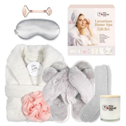 Birthday Gifts for Women,Spa Robe and Slippers Set, Bathrobe With Silky Satin Sleep Mask, Scented Candle Self Care 7 Pack Suitable for Christmas Thanksgiven Day Grey