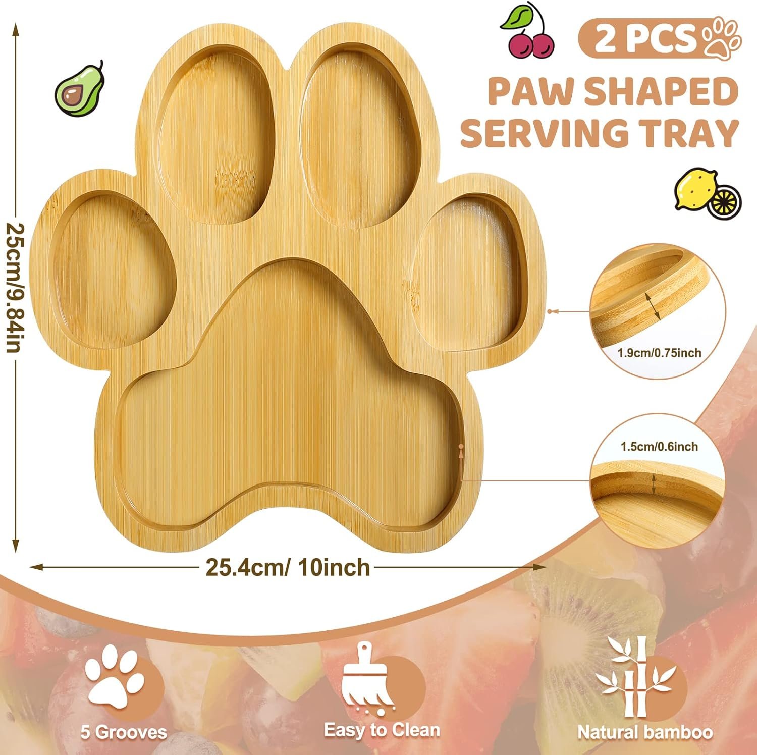 Teling 2 Pcs Paw Bamboo Serving Tray Wooden Snack Platters with 5 Grooves Bamboo Charcuterie Board Wood Candy Dish Bowl Gifts for Spring Holiday Birthday Party Supplies, 10-11 Inch - Image 2