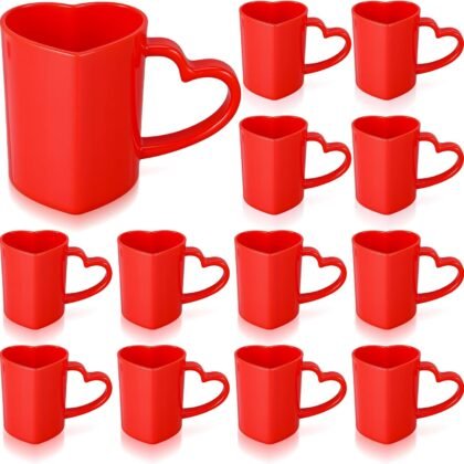 Baderke 12 Pcs Valentine's Day Heart Shaped Mugs with Handles 7.8 oz Reusable Pink Red Love Heart Plastic Drinking Cups for Birthday Wedding Anniversary Party Supplies(Red)