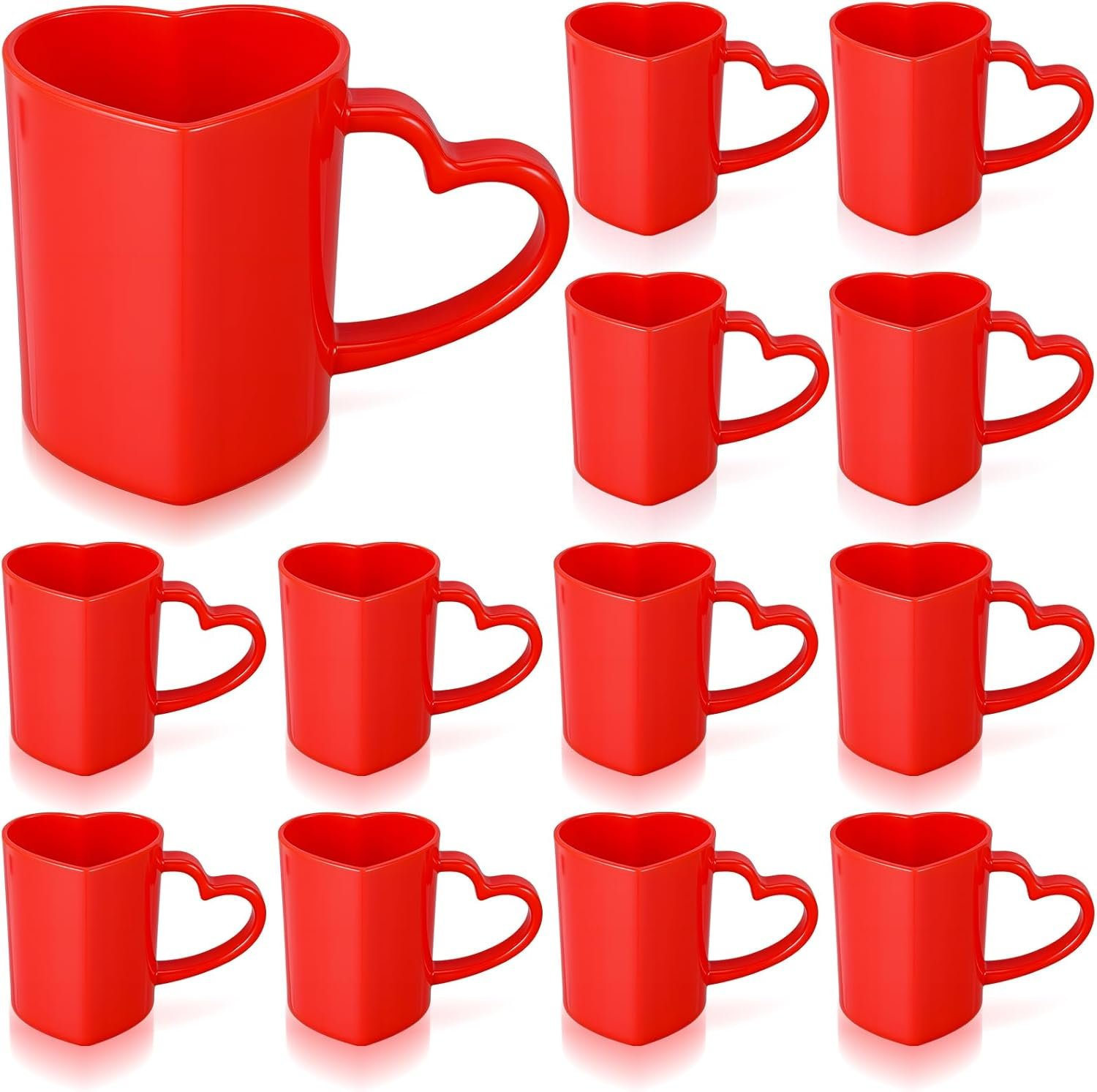 Baderke 12 Pcs Valentine's Day Heart Shaped Mugs with Handles 7.8 oz Reusable Pink Red Love Heart Plastic Drinking Cups for Birthday Wedding Anniversary Party Supplies(Red)