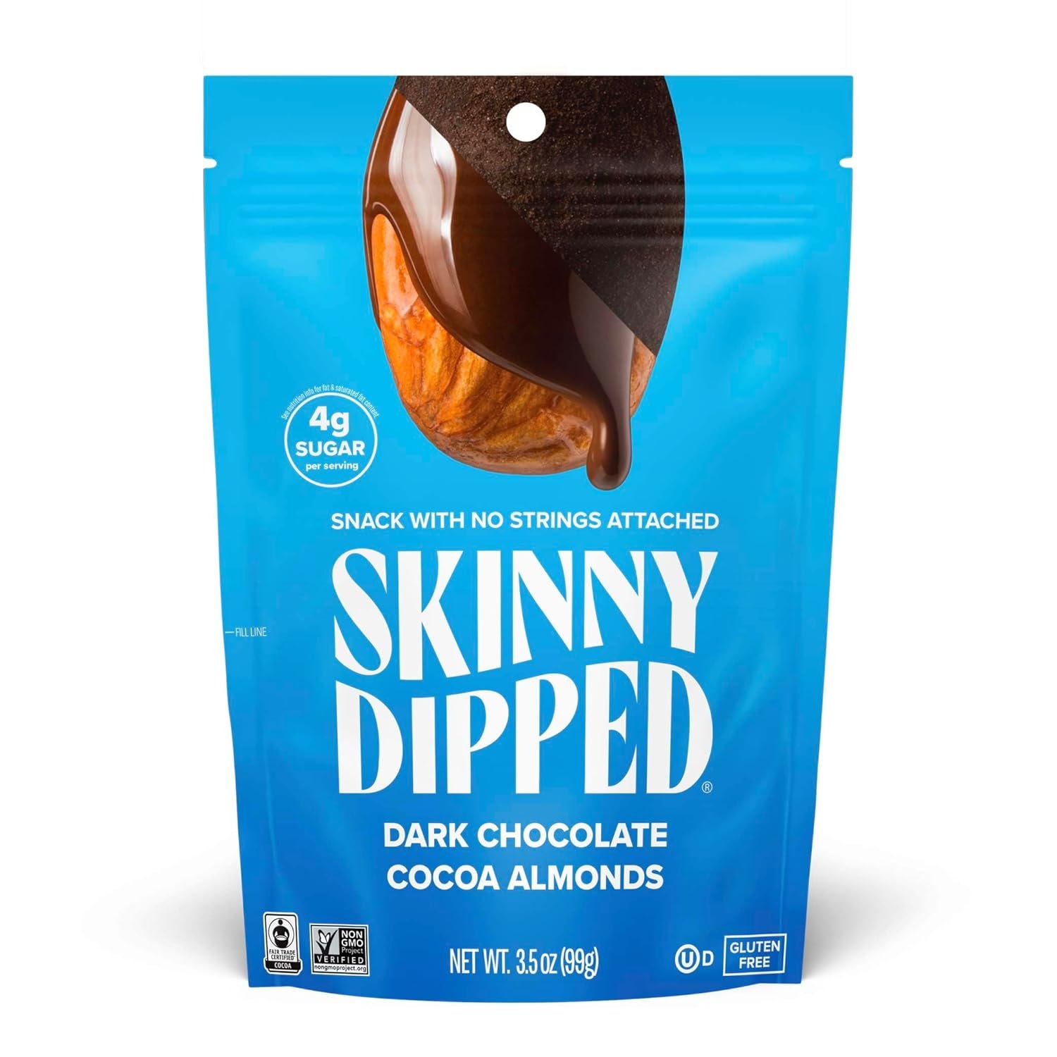 SkinnyDipped Dark Chocolate Cocoa Almonds, Healthy Snack, Plant Protein, Gluten Free, 3.5 Oz Resealable Bag, Pack of 1