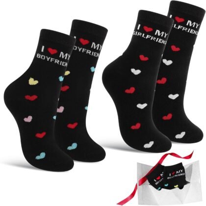 2 Pairs Funny Couple Socks Valentine's Day Gifts for Him, I Love My Boyfriend/Girlfriend Socks Set with Envelope Romantic Gifts for Anniversary Valentine's Day Birthday