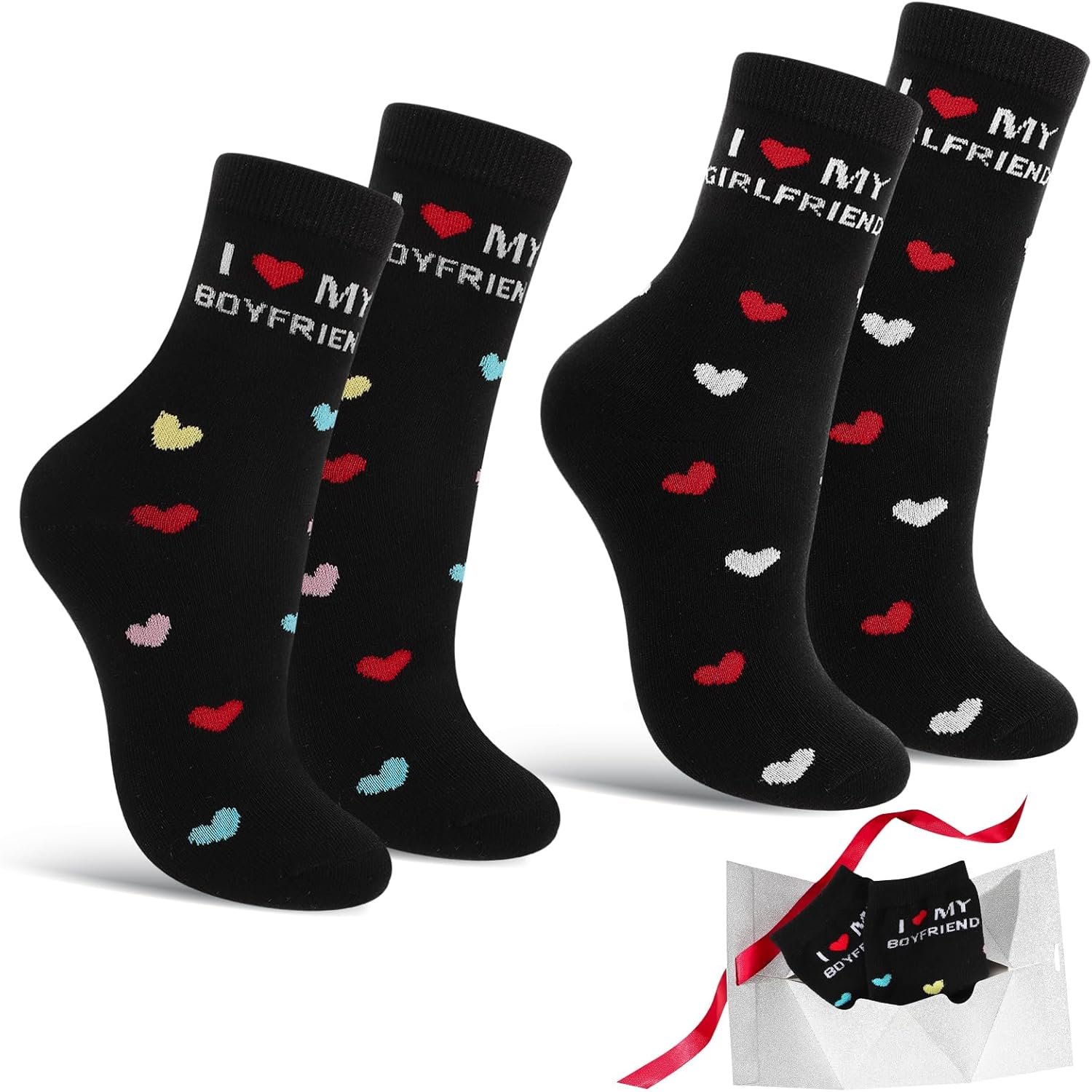 2 Pairs Funny Couple Socks Valentine's Day Gifts for Him, I Love My Boyfriend/Girlfriend Socks Set with Envelope Romantic Gifts for Anniversary Valentine's Day Birthday
