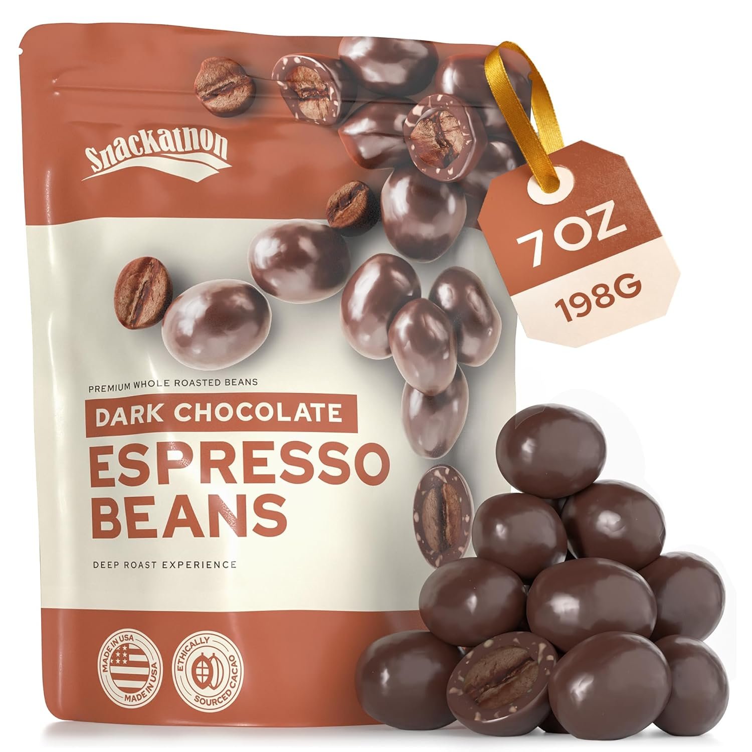 Snackathon Dark Chocolate Covered Espresso Beans, 7 OZ Resealable Bag, Made in USA, Rich & Bold Gourmet Candy Snack for Coffee Lovers