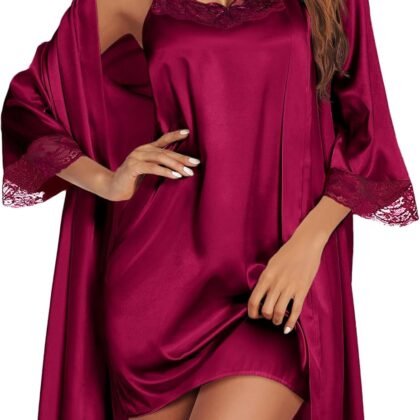 Ekouaer Sleepwear Women's Satin Nightgown with Robes Set 2 Piece Sexy Lace Cami Nightwear