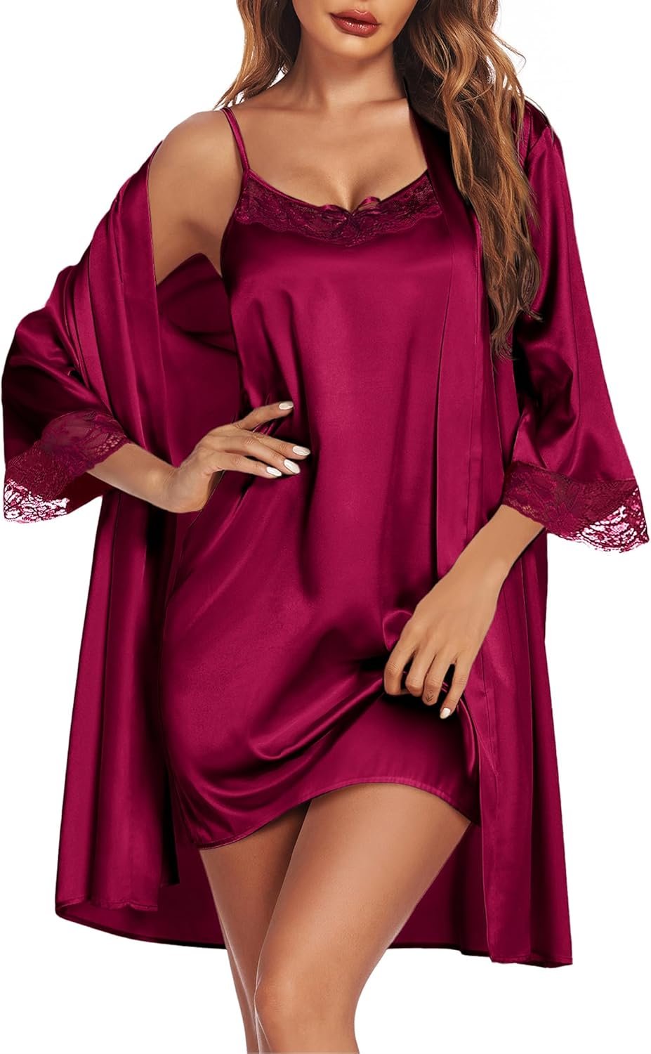 Ekouaer Sleepwear Women's Satin Nightgown with Robes Set 2 Piece Sexy Lace Cami Nightwear