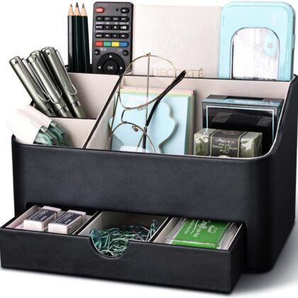 KINGFOM Desk Organizer with Drawer, Multifunction Pencil Holder for Desk, Desk Organizer and Accessories 5 Compartments for Home Office Supplies (Black)