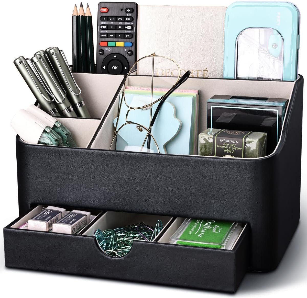 KINGFOM Desk Organizer with Drawer, Multifunction Pencil Holder for Desk, Desk Organizer and Accessories 5 Compartments for Home Office Supplies (Black)