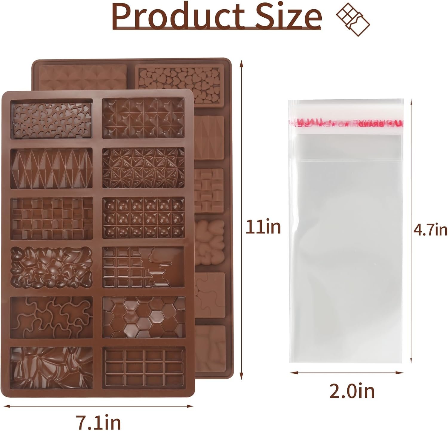 Chocolate Molds, 2Pcs Mini Silicone Chocolate Bar Mold with 100Pcs Bags, Break Apart Non-stick Small Chocolate Candy Bar Molds Wax Melt Molds for Chocolate Bar - Image 2