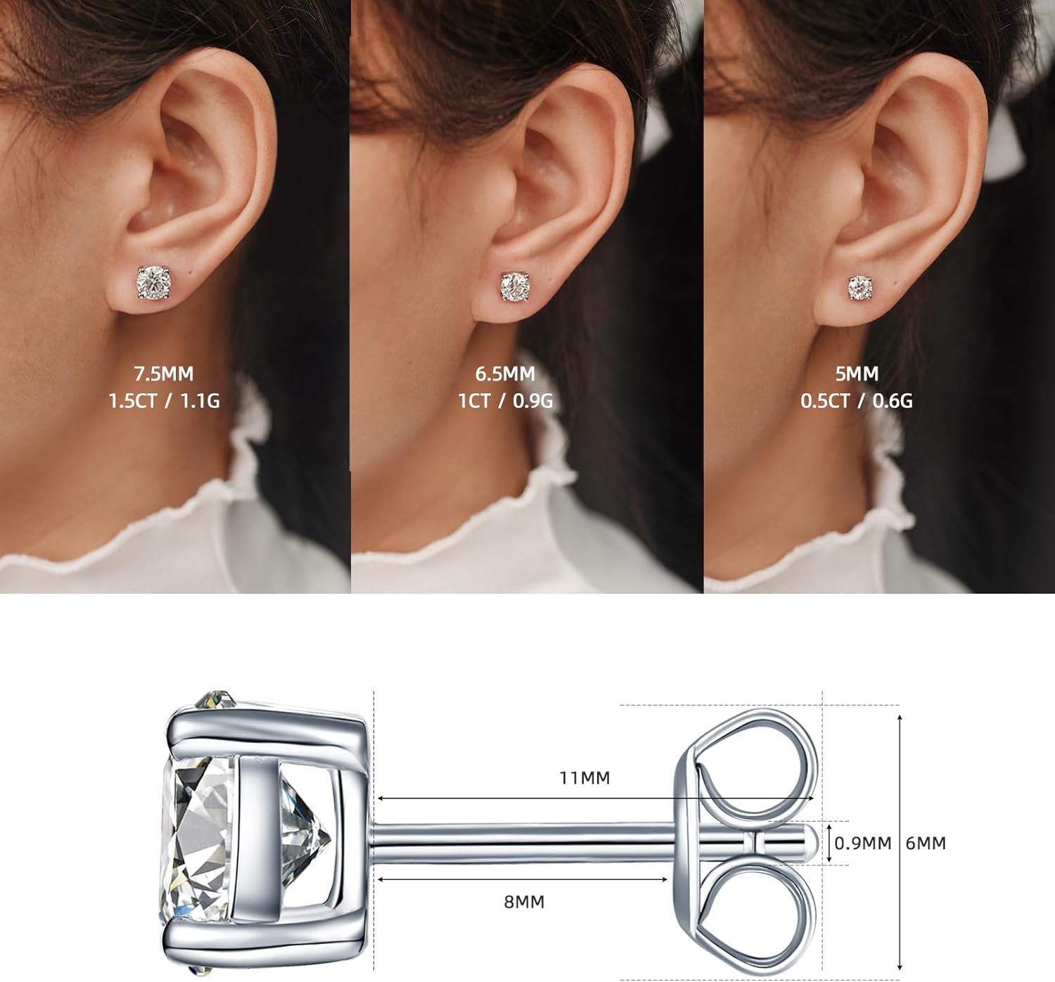 YODEWA 1/2/3ct Moissanite Stud Earrings for Women 925 Sterling Silver Hypoallergenic Butterfly Back 1 Pair DEF Color Lab Created Brilliant Round Moissanite Earrings - Image 5