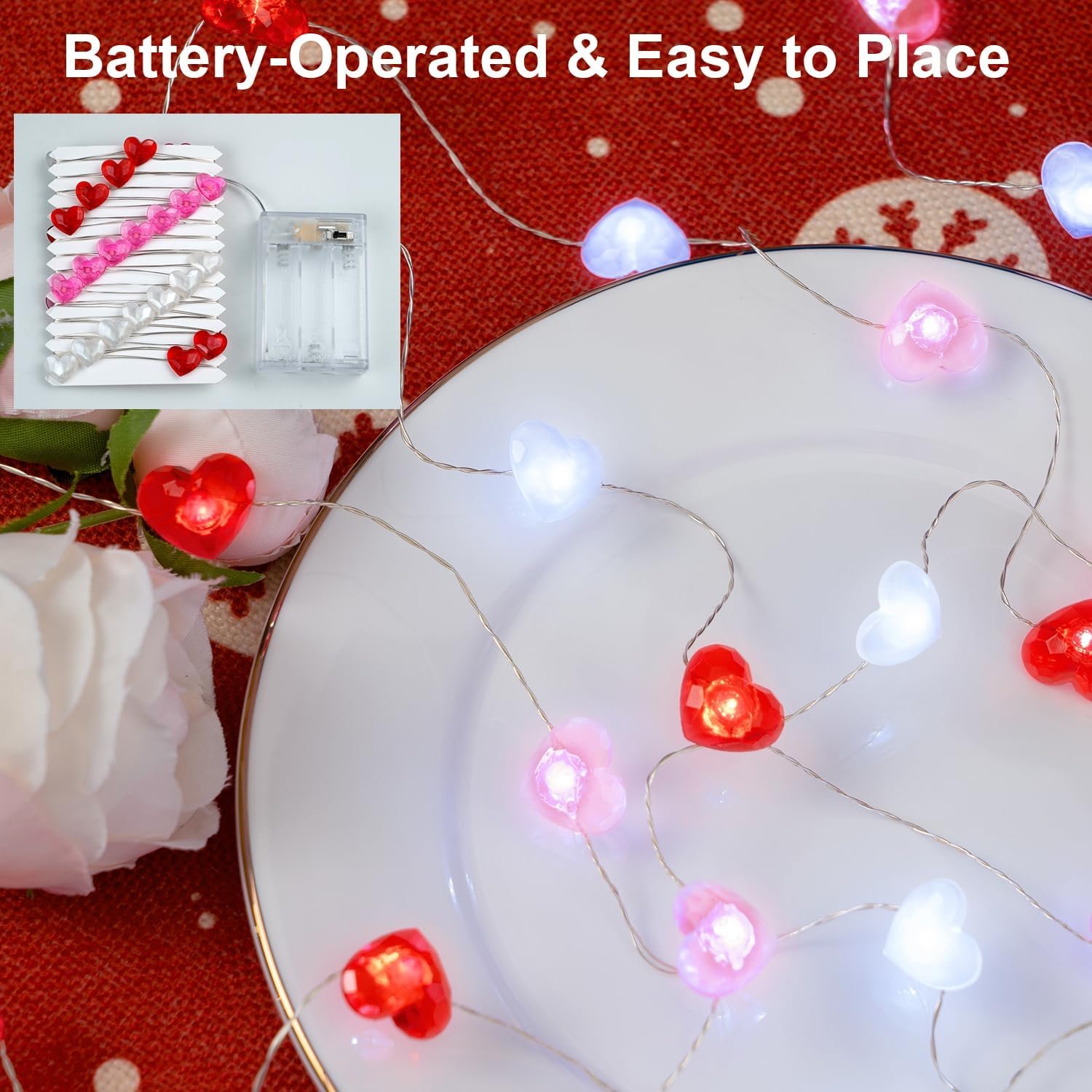 Valentine Day Decorations 13 ft 40 LEDs Red White Pink Heart Shaped Twinkle Fairy String Lights Battery Operated for Kids Wedding Indoor Outdoor Party Valentine's Day Mother's Day Decor with Timer - Image 5