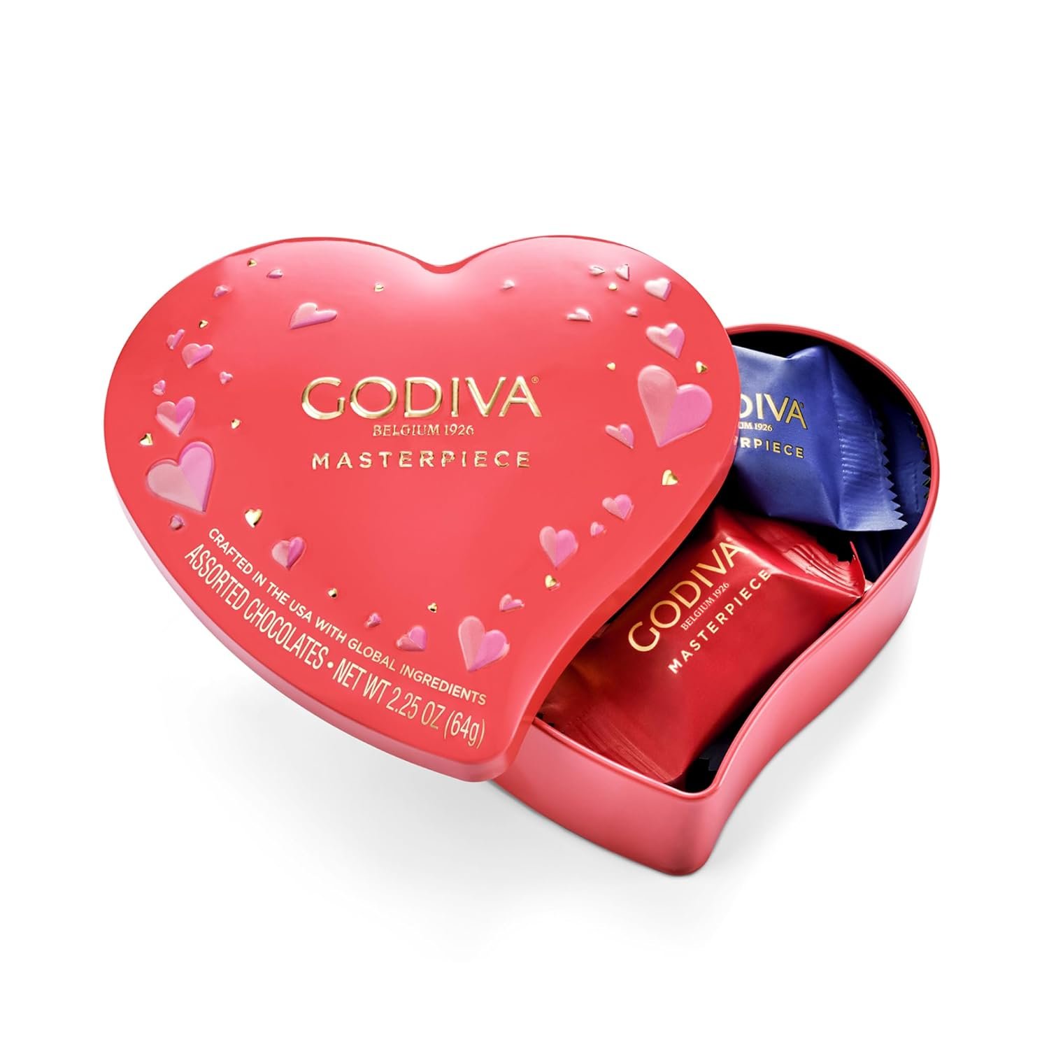Godiva Masterpiece Heart Chocolate Gift Tin, Assorted Milk & Dark Chocolate with Ganache, Valentine’s Day Keepsake Gift for Her, 7pc