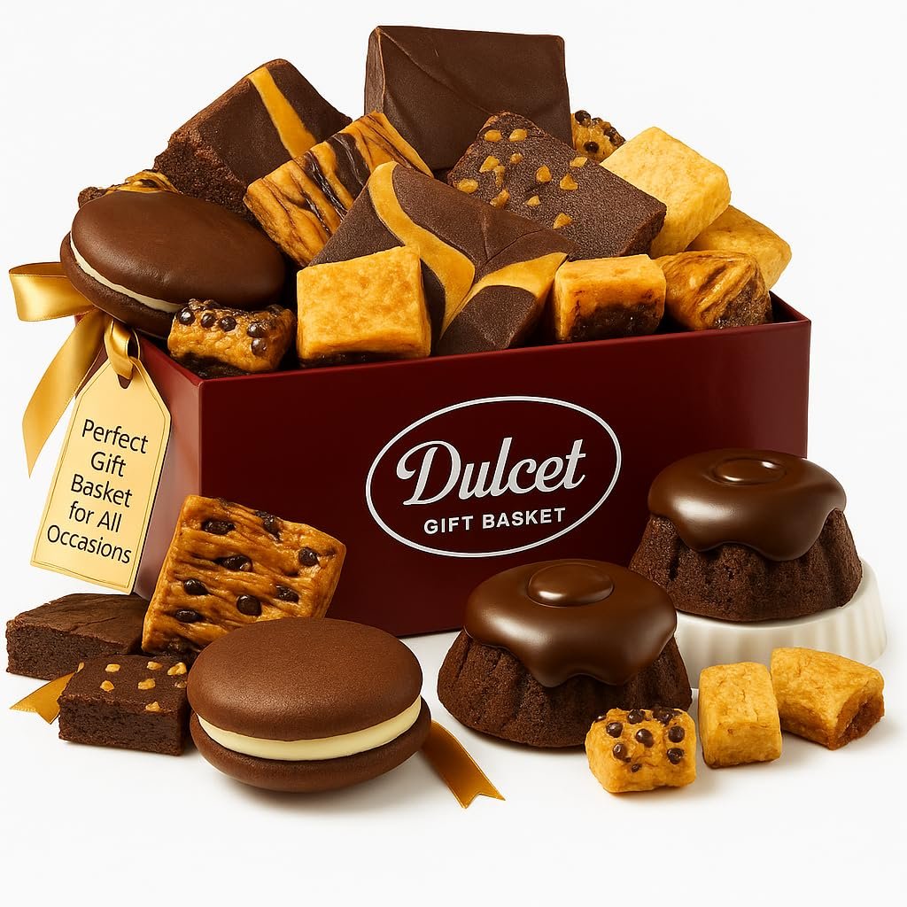 Dulcet Holiday Gift Basket - Premium Assortment of Baked Goods - Christmas Gift Basket with Individually Wrapped Whoopie Pies, Brownies, Rugelah, and More - Personal Note Option Included.