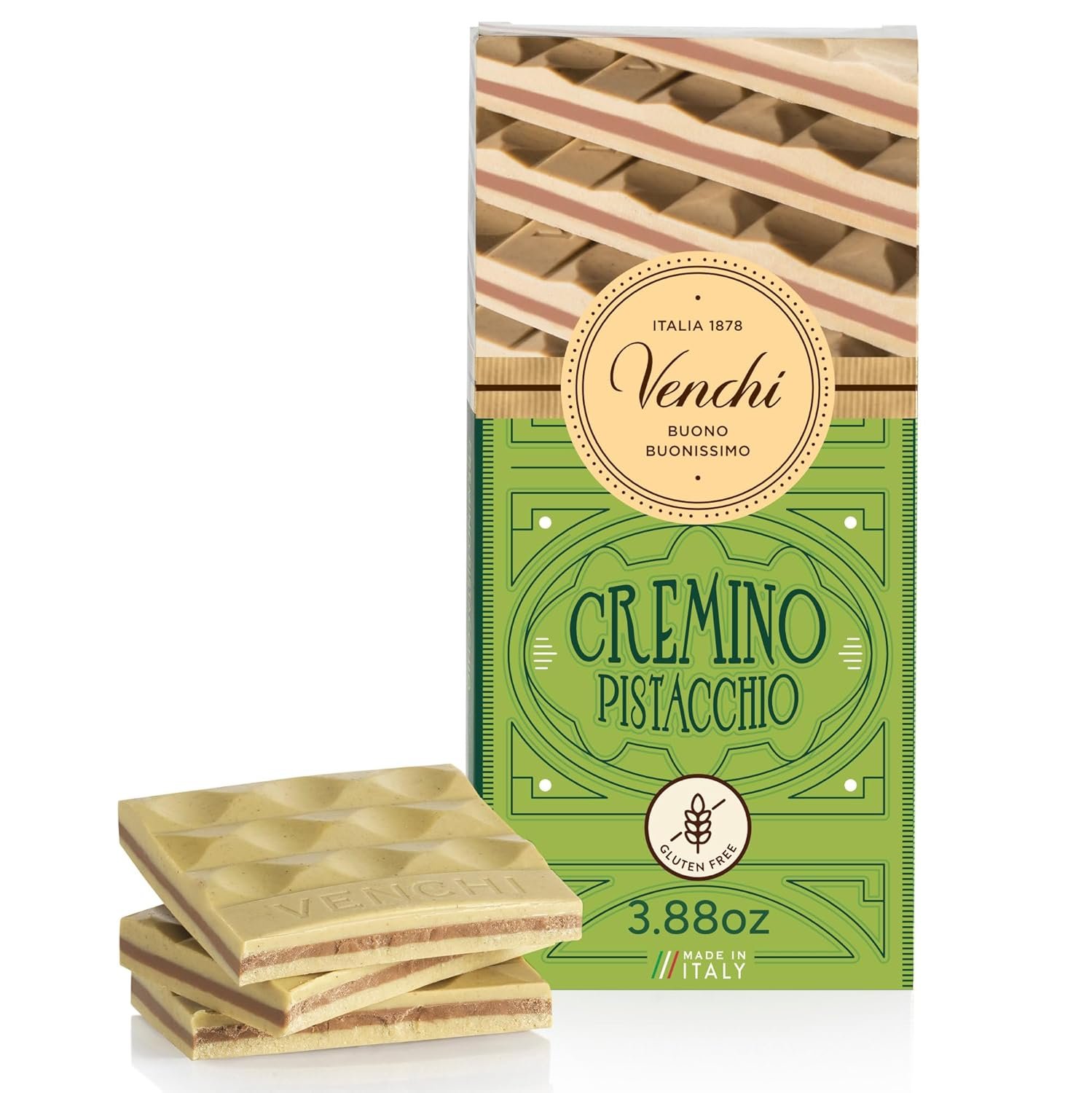 Venchi - Pistachio Cremino Chocolate Bar with Gianduja, 3.88oz - Gluten Free