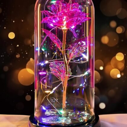 Valentines Day Rose Gifts for Her Women Birthday Gift, Rechargeable Galaxy Glass Rose in Glass Dome Forever Crystal Roses flower Anniversary Valentine Gifts for Women Daughter Mom Wife Girlfriend Pink