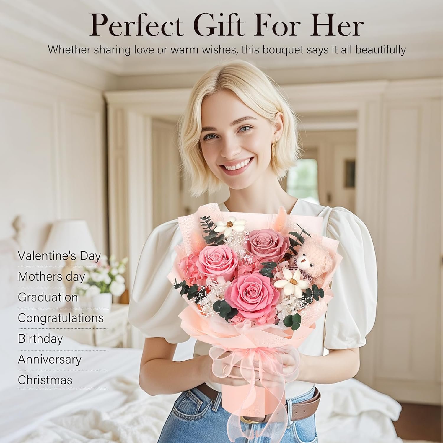 Preserved Flowers Bouquet with Bear, 3 Real Forever Flowers for Delivery, Long-Lasting Pink Eteranl Roses Bouquet, Anniversary Birthday Valentine Gifts for Women Mom Grandma Her Wife Girlfriend - Image 5