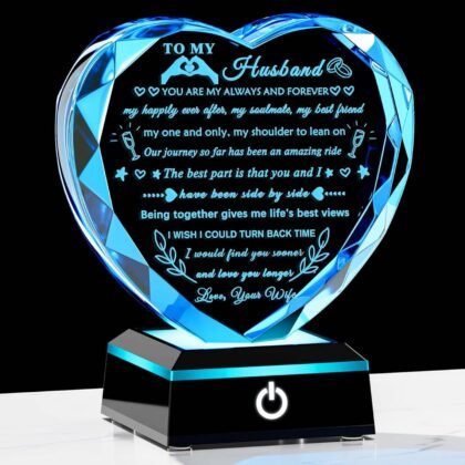 YWHL Gifts for Husband from Wife with Colorful LED Base Anniversary Birthday Gifts for Husband to My Husband Crystal Heart keepsake I Love You Gifts for Him on Valentine Christmas Fathers Day