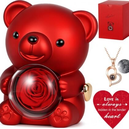 Cute Teddy Bear with Preserved Rose, Hidden Surprise Necklace Rotating Gift Box Valentines Day Gifts for Her, Romantic Eternal Rose Flowers for Birthday, Wedding, Anniversary, Mother’s Day