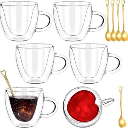 Layhit 6 Sets Valentine's Day Heart Shaped Double Wall Glass Coffee Mugs with Spoons 8 oz Insulated Clear Glass Espresso Cups with Handle Double Walled Glasses Heart Cup Tea Mug for Cold Hot Drinks