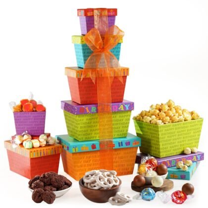 Broadway Basketeers Birthday Gift Basket Tower – Snack Boxes with Gourmet Cookies, Chocolates & Popcorn – Happy Birthday Gifts for Women, Mom, Sister, Friends & Coworkers