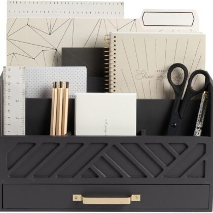 BLU MONACO | Wooden Mail Organizer with Drawer Gold Handle | Mail Sorter Organizer Countertop and Outgoing Mail Holder | Tabletop Organizer with Drawers Grey Desk Storage