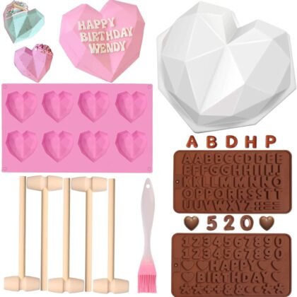 Breakable Heart Mold Kit for Chocolate With Hammer - 8 Cavity Diamond Shaped Silicone Mold for Baking, 8.8" Large Valentine Candy Making