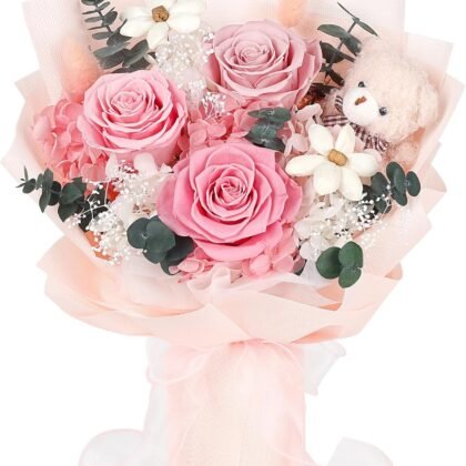 Preserved Flowers Bouquet with Bear, 3 Real Forever Flowers for Delivery, Long-Lasting Pink Eteranl Roses Bouquet, Anniversary Birthday Valentine Gifts for Women Mom Grandma Her Wife Girlfriend
