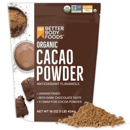 BetterBody Foods Organic Cacao Powder, Rich Chocolate Flavor, Non-GMO, Gluten-Free, Cocoa, 16 ounce, 1 lb bag