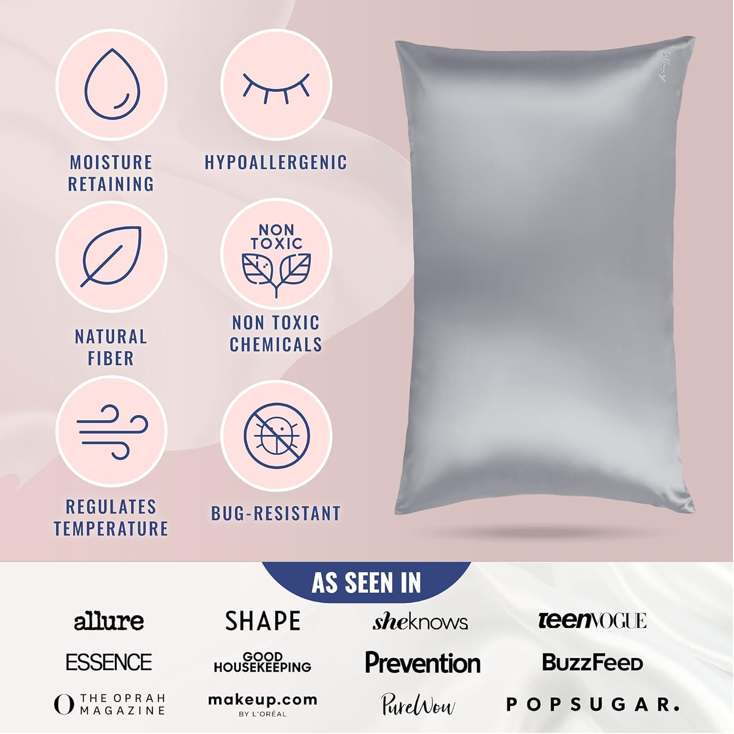 Blissy Silk Pillowcase - 100% Pure Mulberry Silk - 22 Momme 6A High-Grade Fibers - Silk Pillow Cover for Hair & Skin - Regular, Queen & King (Silver, Standard) - Image 5