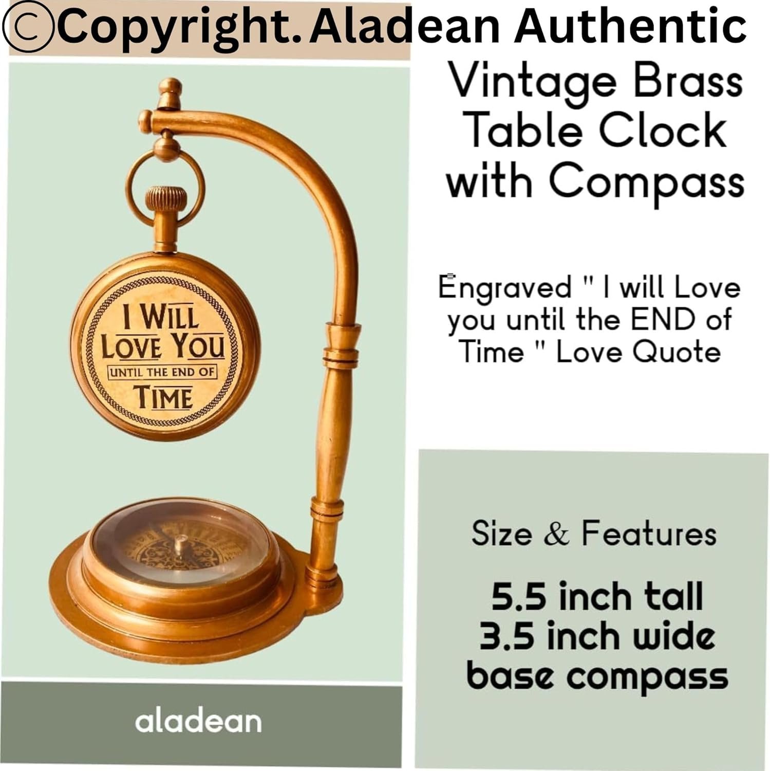 ALADEAN Brass Table Clock with Compass | Romantic Desk Clock - Decorative Vintage Mechanical Clock Lovers Boyfriend/Husband Birthday/Wedding Gifts (Love You) - Image 2