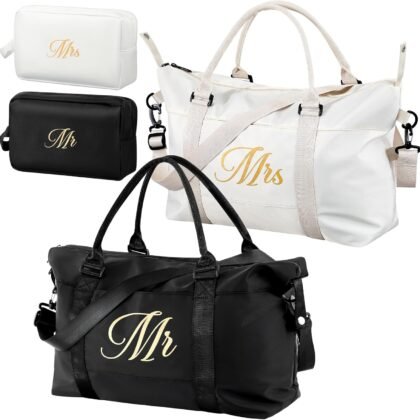 Sanwuta 4 Pcs Mr Mrs Duffel Bag Set 2 Honeymoon Travel Bags with 2 Toiletry Pouches Weekender Gym Tote for Couple Wedding Engagement Valentines His Hers Gifts Bridal Shower Gifts