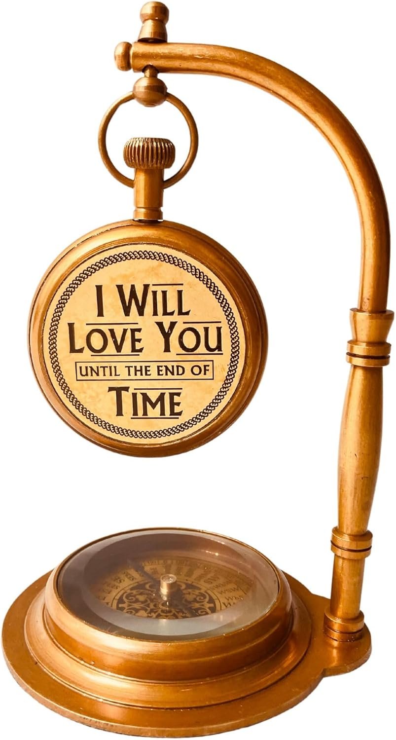 ALADEAN Brass Table Clock with Compass | Romantic Desk Clock - Decorative Vintage Mechanical Clock Lovers Boyfriend/Husband Birthday/Wedding Gifts (Love You) - Image 4