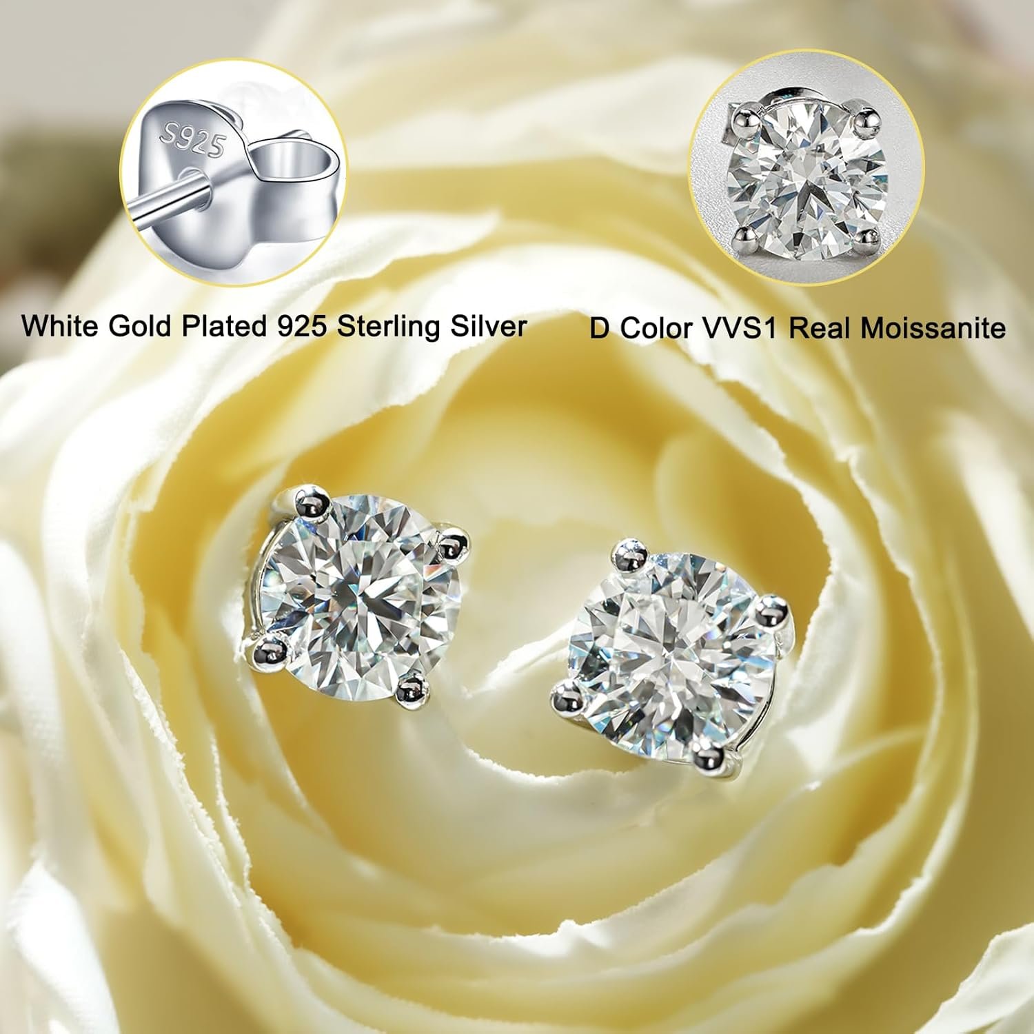 YODEWA 1/2/3ct Moissanite Stud Earrings for Women 925 Sterling Silver Hypoallergenic Butterfly Back 1 Pair DEF Color Lab Created Brilliant Round Moissanite Earrings - Image 2