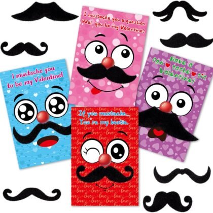 Fancy Land Valentine’s Cards with Funny Mustaches and Envelopes for Kids Classroom Party Favors 28 Pack