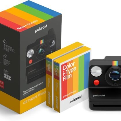 Polaroid Now+ 3rd Generation I-Type Instant Camera + Film Bundle - Now+ Bluetooth App Controlled Black Camera + 16 Color Photos (6562)
