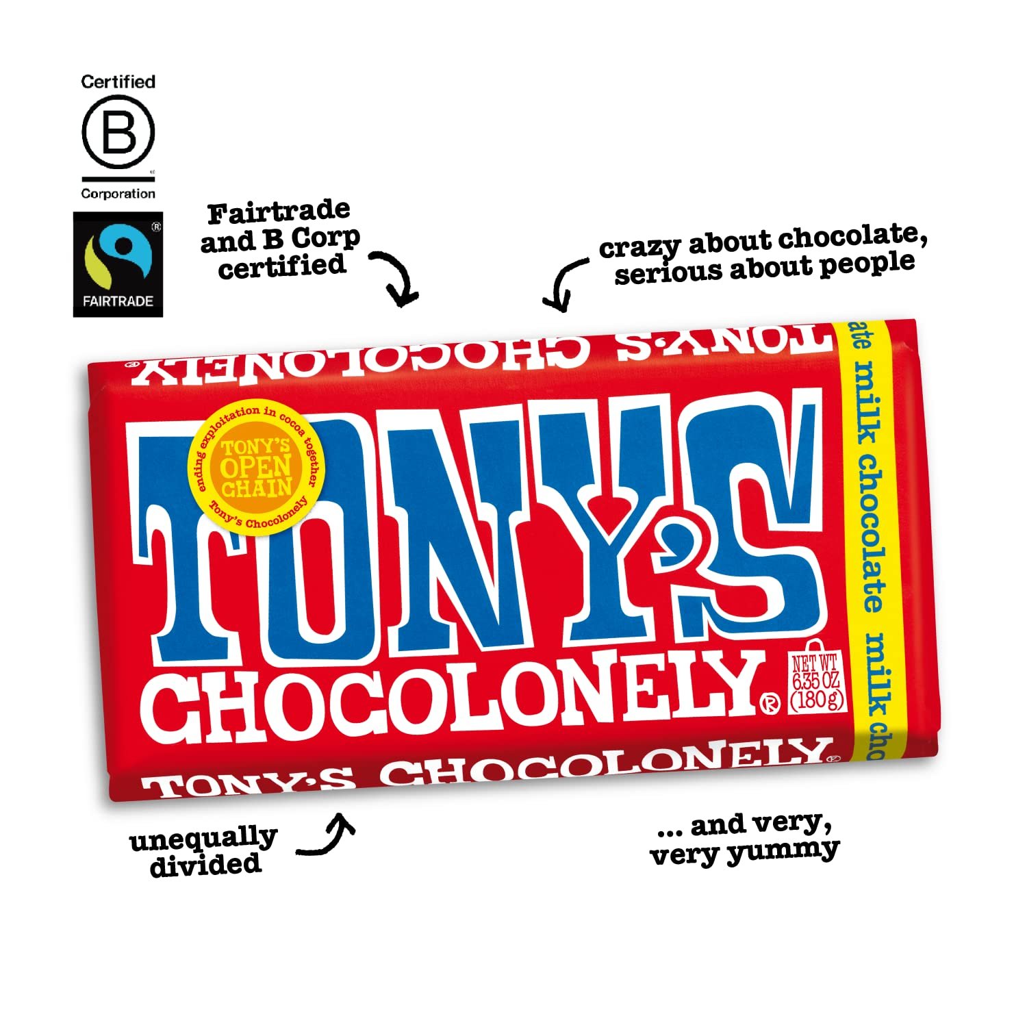 Tony’s Chocolonely Belgian Milk Chocolate Candy Bar, Pure Chocolate Bar for Snacks, Party Favors, Gifts, or Gift Basket, 32% Cacao, Made From Quality Fairtrade Cocoa, 6.35 Oz - Image 4
