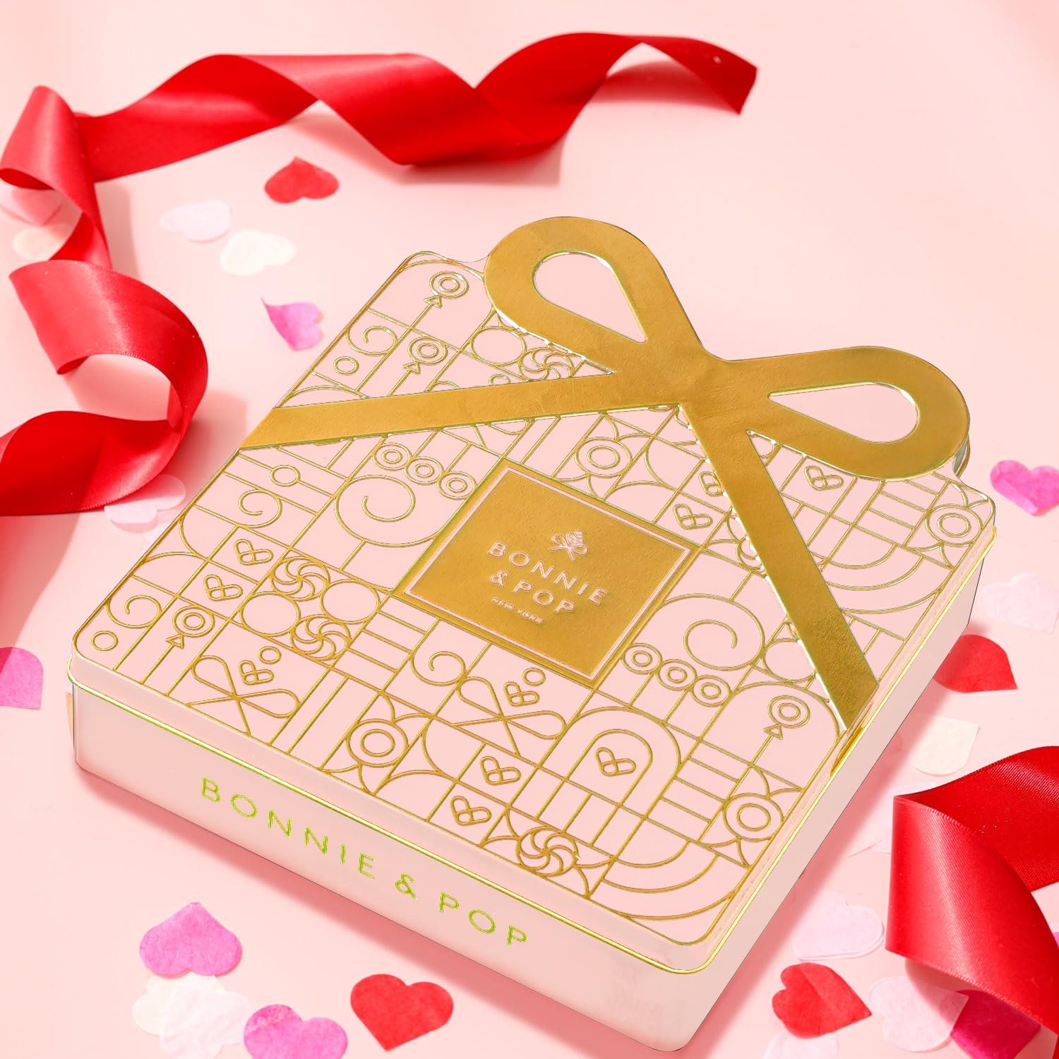 Valentines Day Chocolate Gift Basket, Candy Food Snack Gifts Bow Tin Box, Present for Her, Women, Valentine, Wife, Girlfriend, Assorted Gourmet Belgian Truffles- Pink- Bonnie & Pop - Image 2